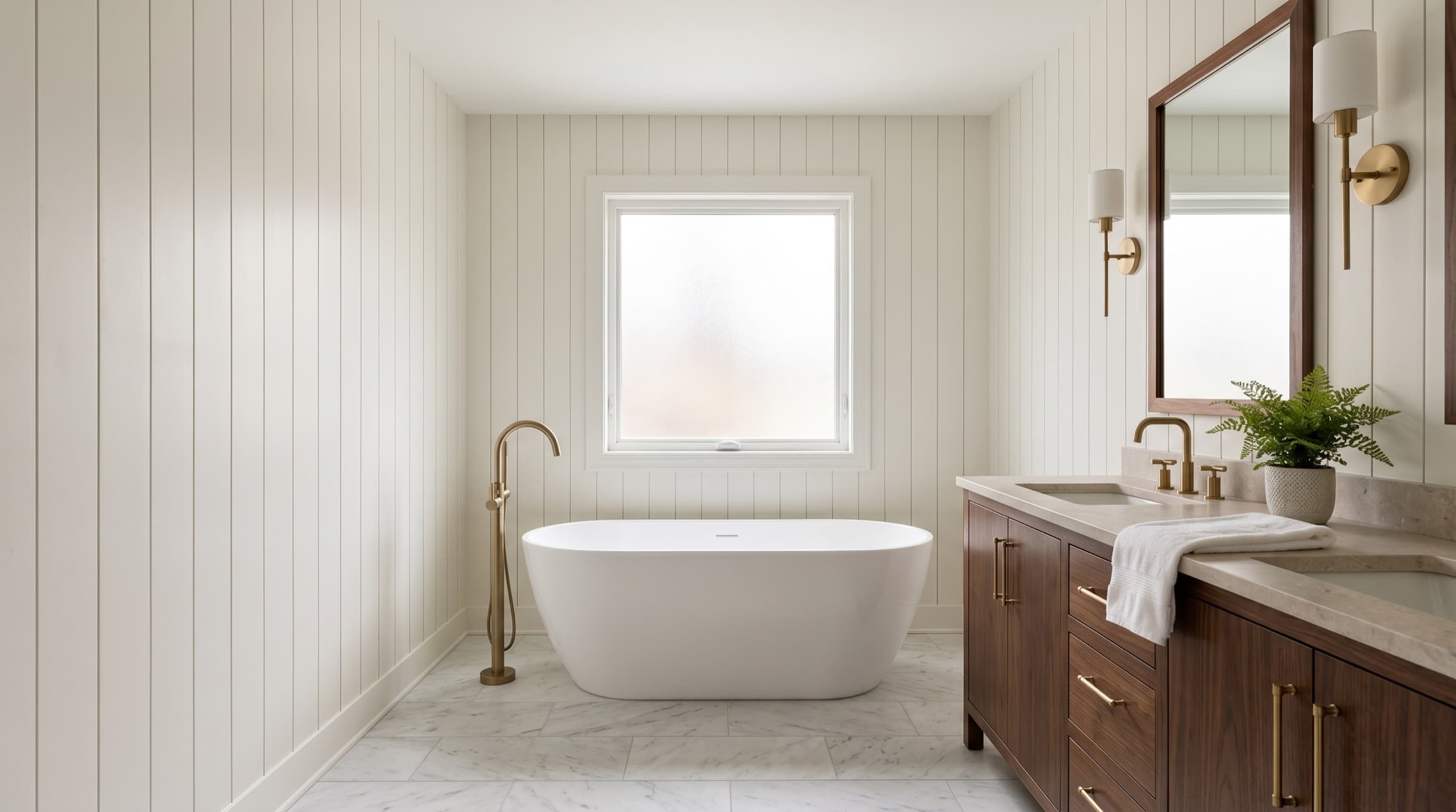 Recent Pearson Kitchens bath — vertical shiplap, walnut fluted vanity, freestanding tub.