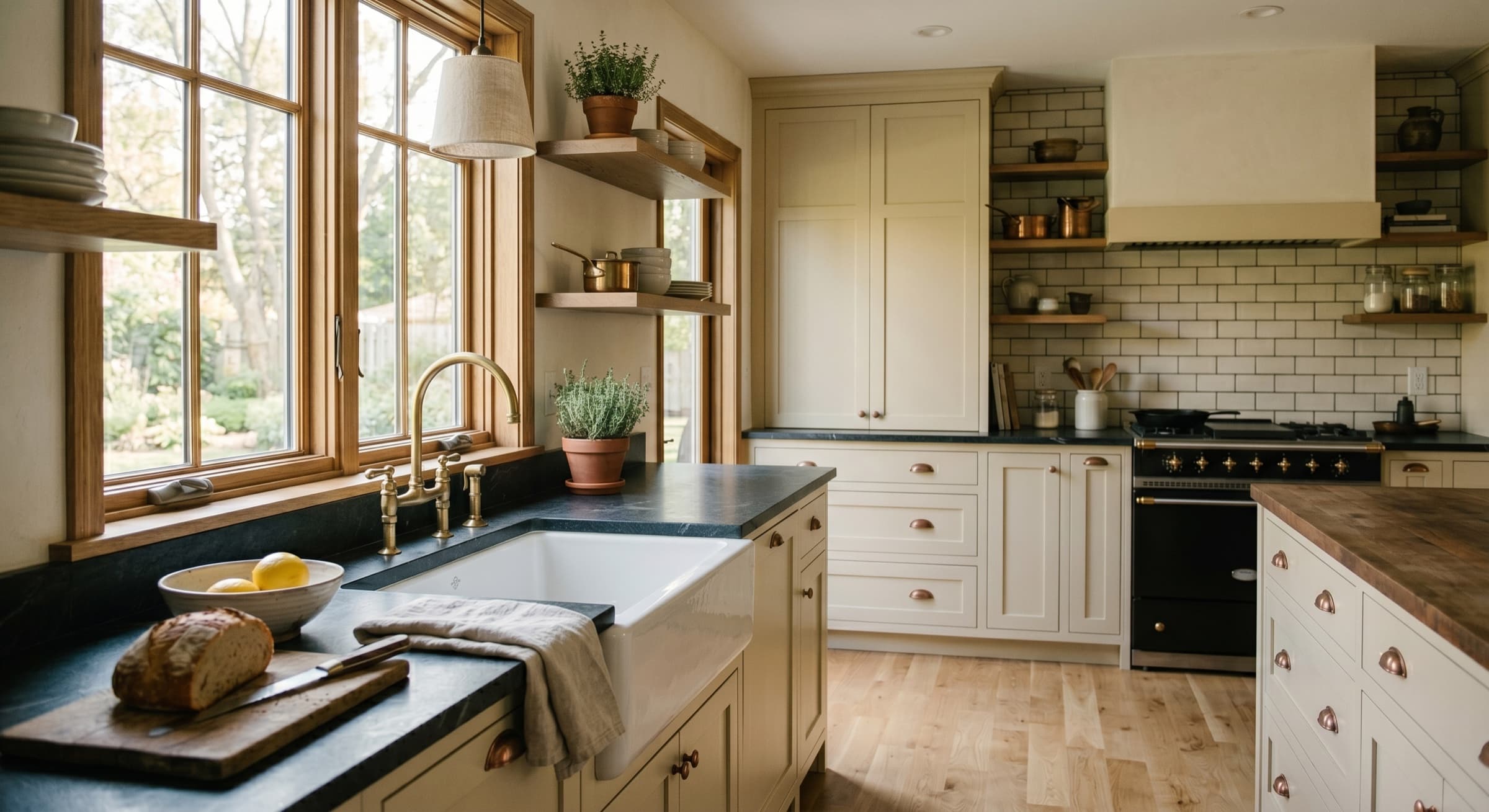 A recent Pearson Kitchens kitchen — warm cream painted cabinetry and brass hardware.